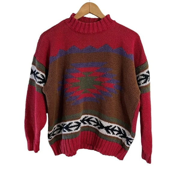 Lizwear 90's Sweater Size Large Tribal Mock Neck Long Sleeves Red Vintage Retro - Picture 1 of 8